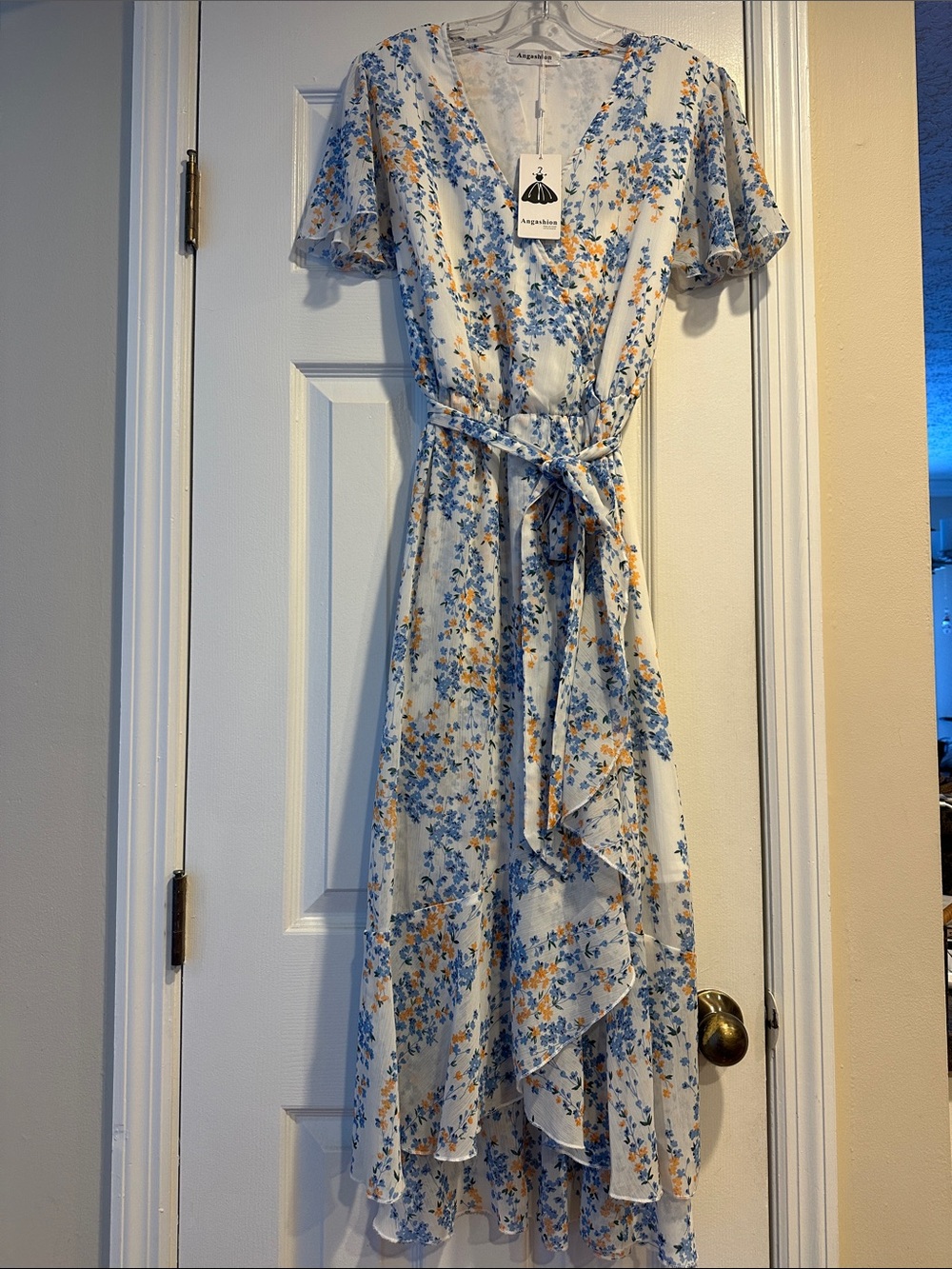 Angie Floral High-Low Wrap Dress in White with Blue & Yellow Print